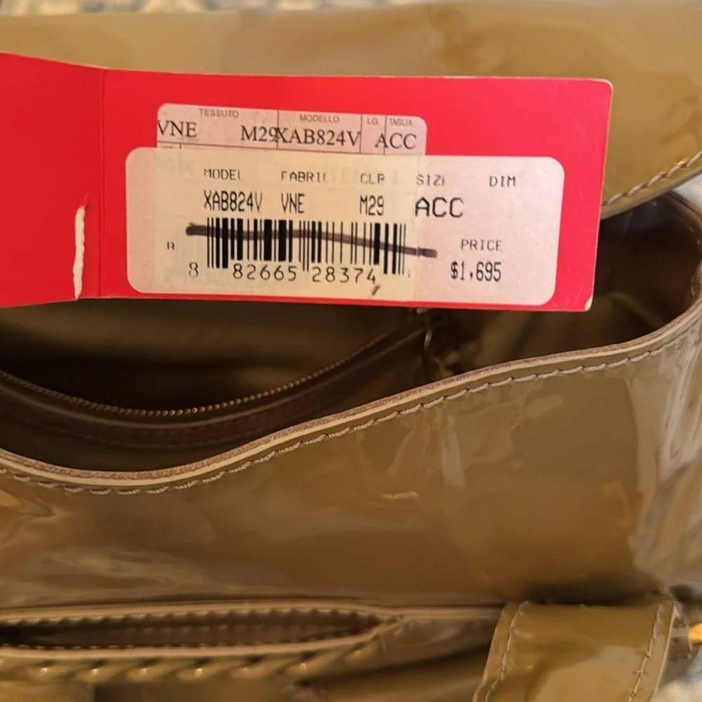 Valentino Garavani Camel Brown Braided-Handle Patent Satchel - Picture 4 of 13